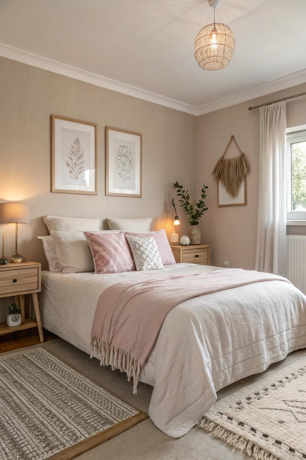 A bedroom with soft, neutral color palettes fostering serenity.