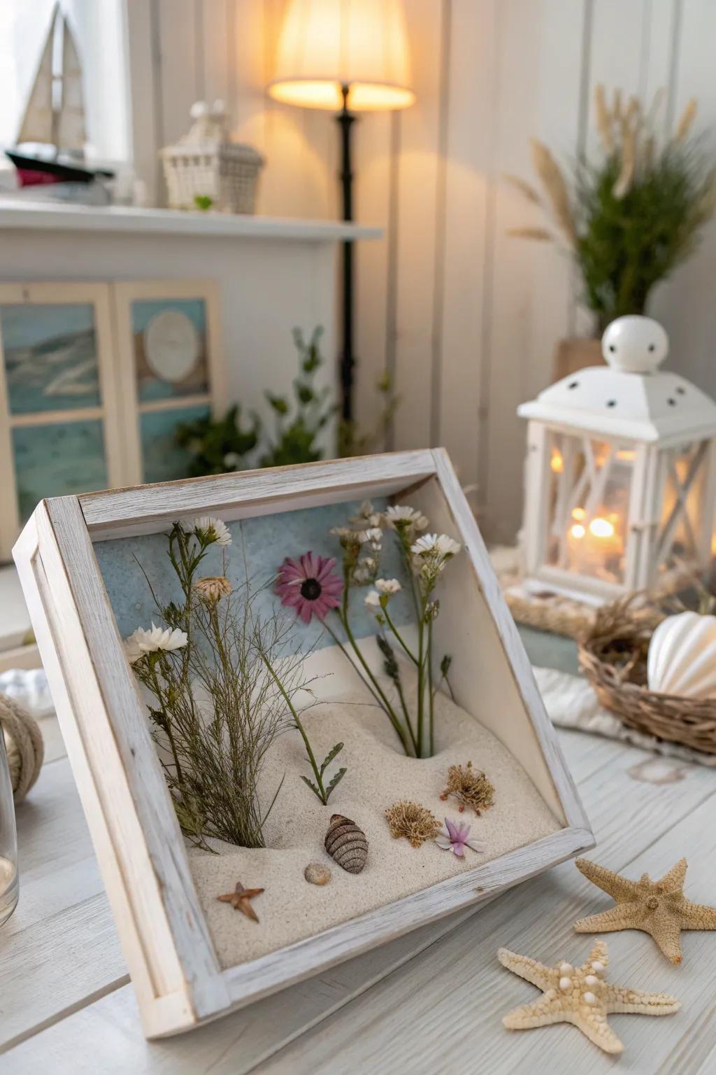 Bring the beach home using a coastal-inspired dried flower display box.