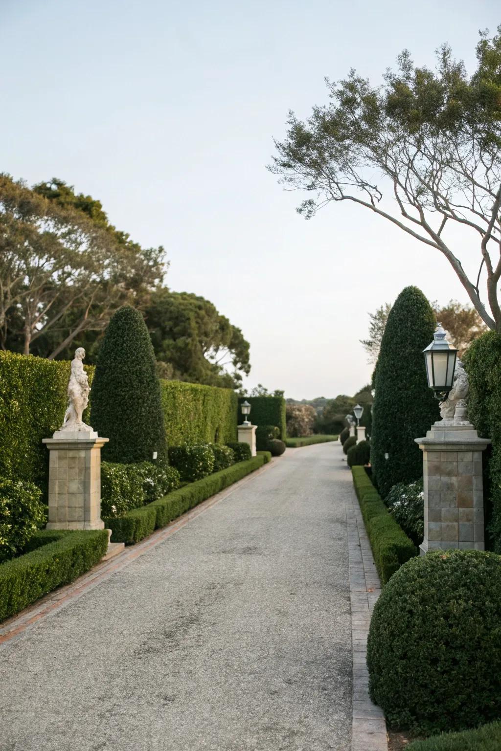 Hedges with decorative elements adding a unique touch to a driveway.