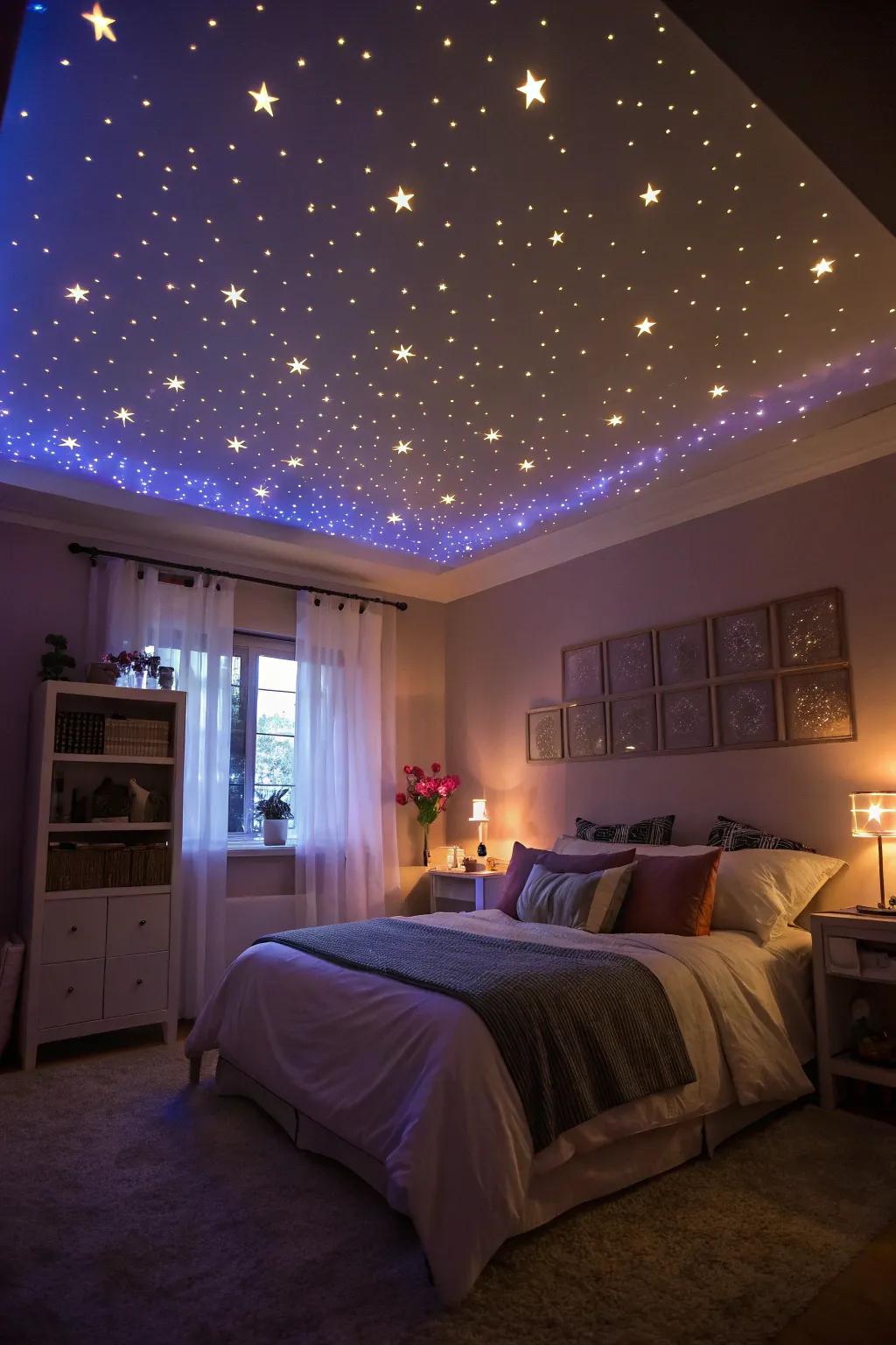 A starry midnight ceiling establishes a dreamy atmosphere in this sleeping quarter.