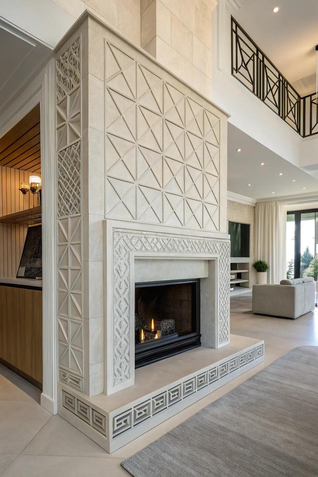 Geometric designs give a sheetrock fireplace a modern look.