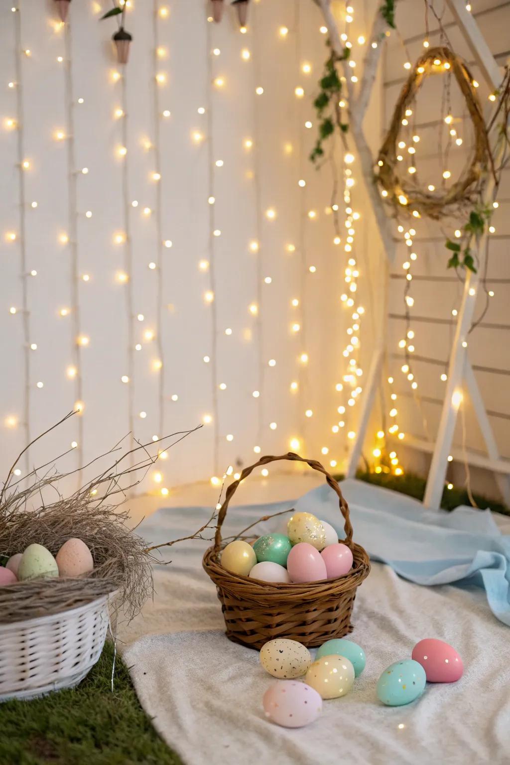 Fairy lights draped around the backdrop create an ethereal and whimsical Easter photo setting.
