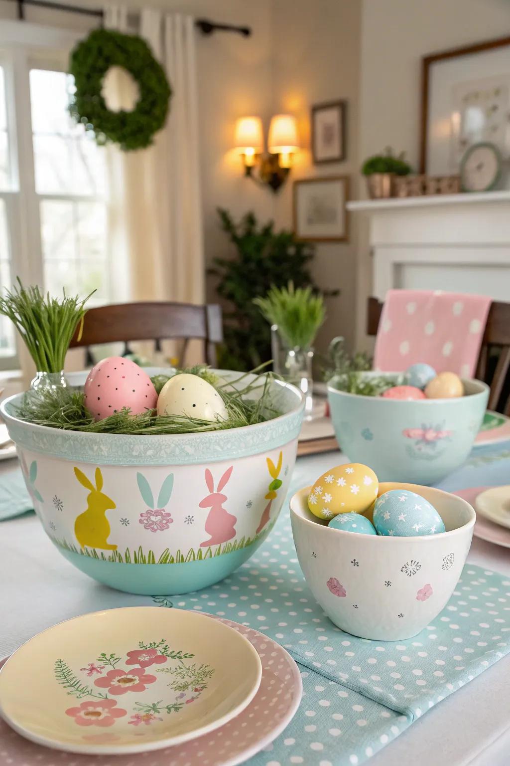 The table setting is given a fun and themed touch with do-it-yourself Easter dishes.