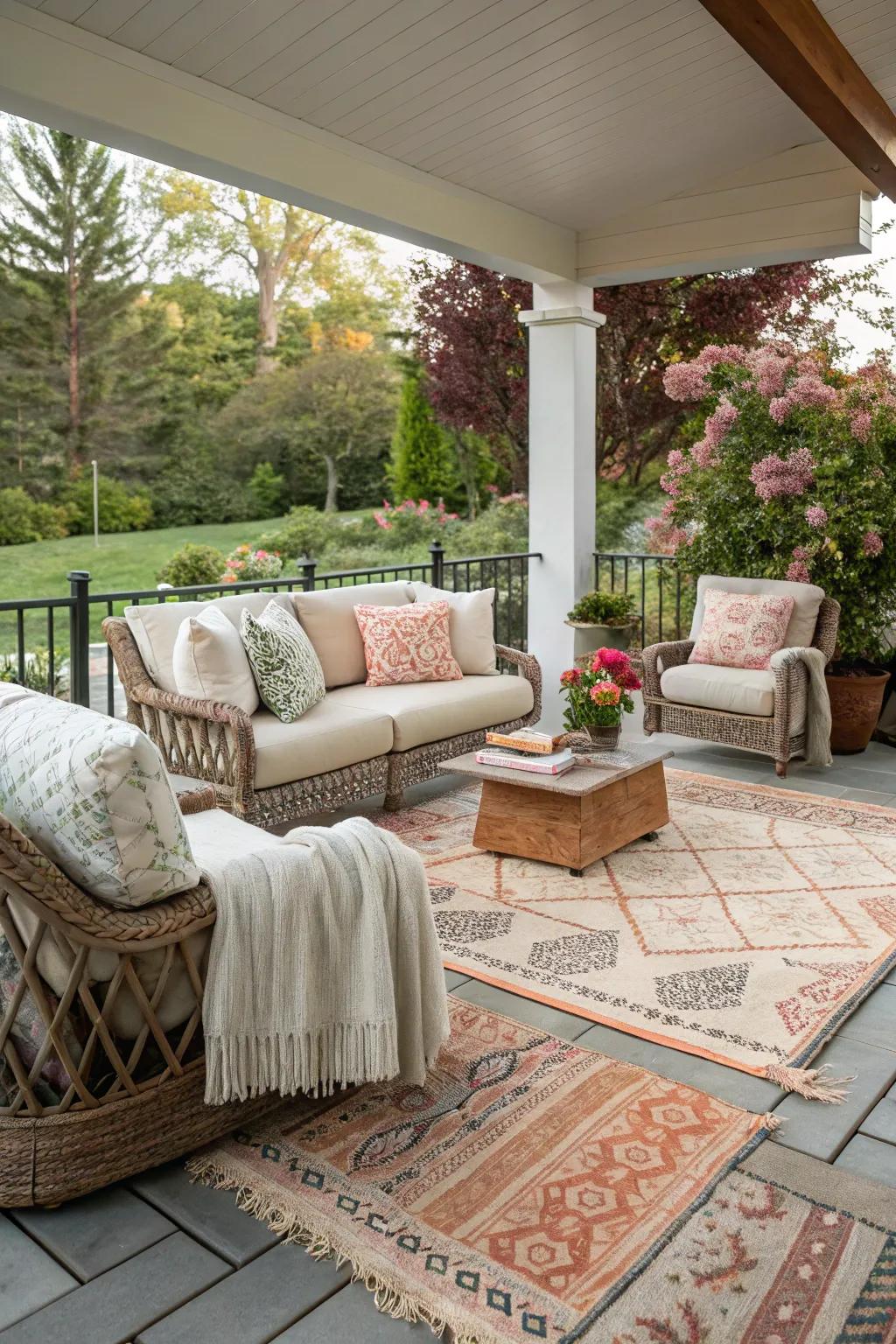 Layered textures fashion a snug and cohesive outdoor area.