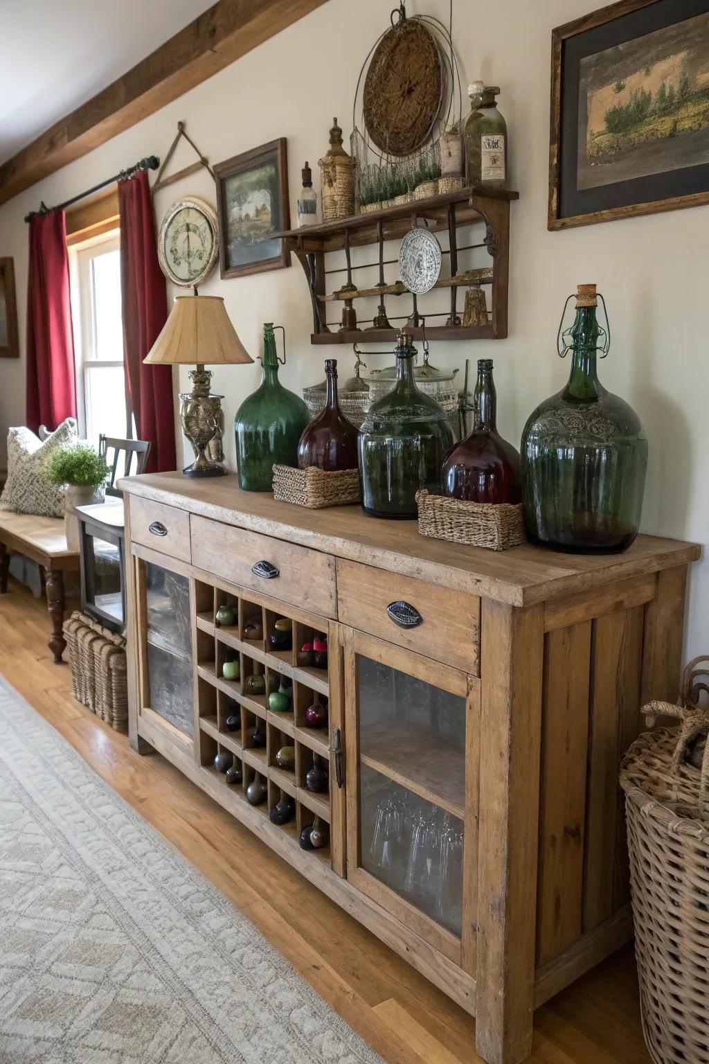 Incorporate vintage charm with crated demijohn-aesthetic containers.