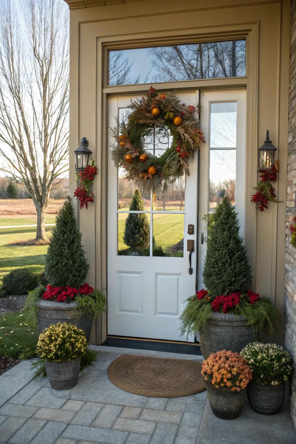 Seasonal decor adds a festive touch to the entryway.