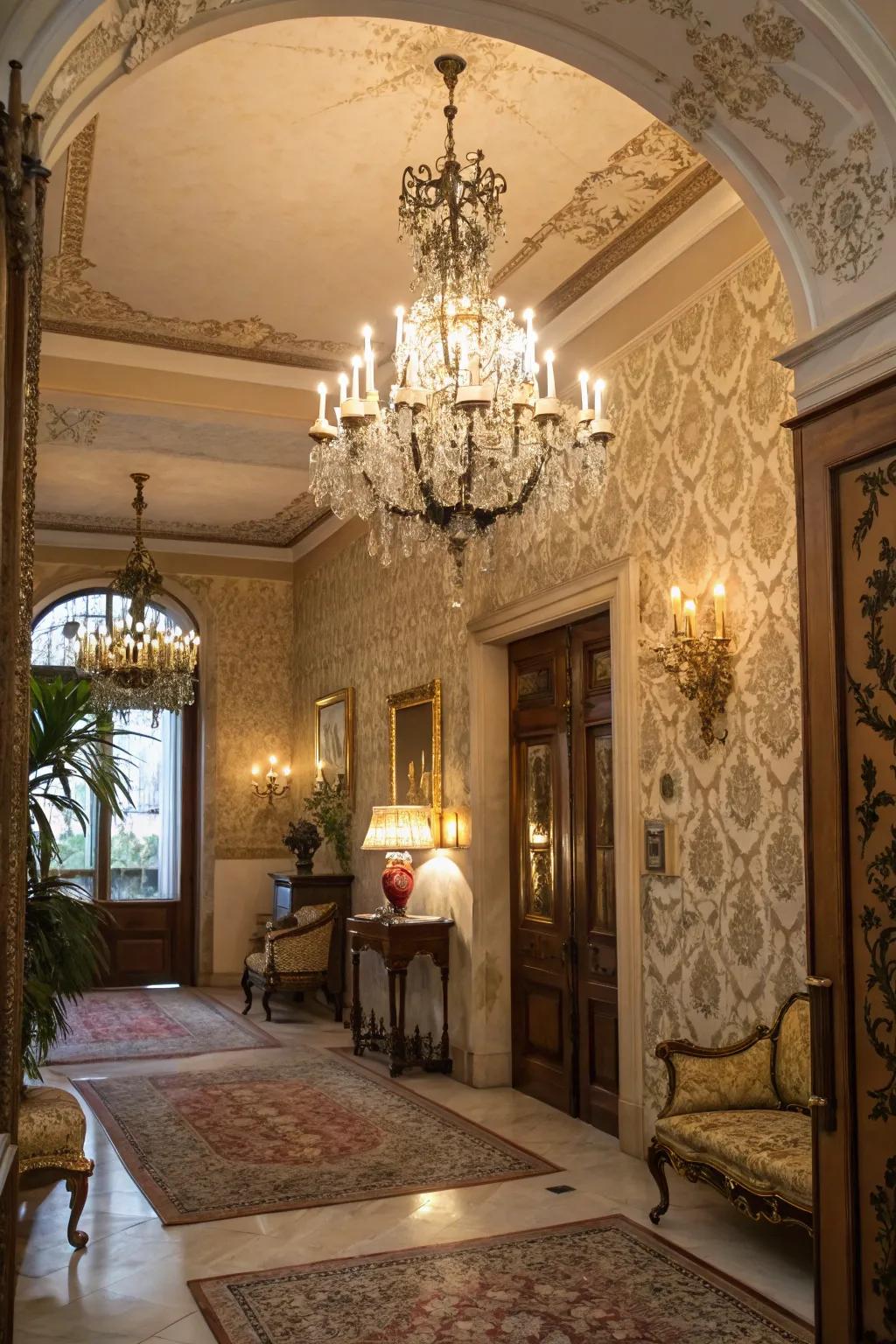 A sophisticated entryway showcases classic damask wallpaper, radiating timeless elegance.