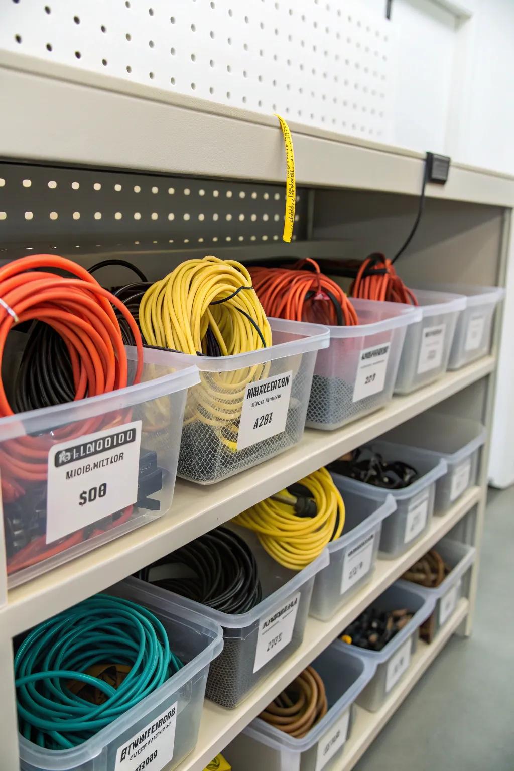 Plastic bins offer organized and space-efficient cord storage.