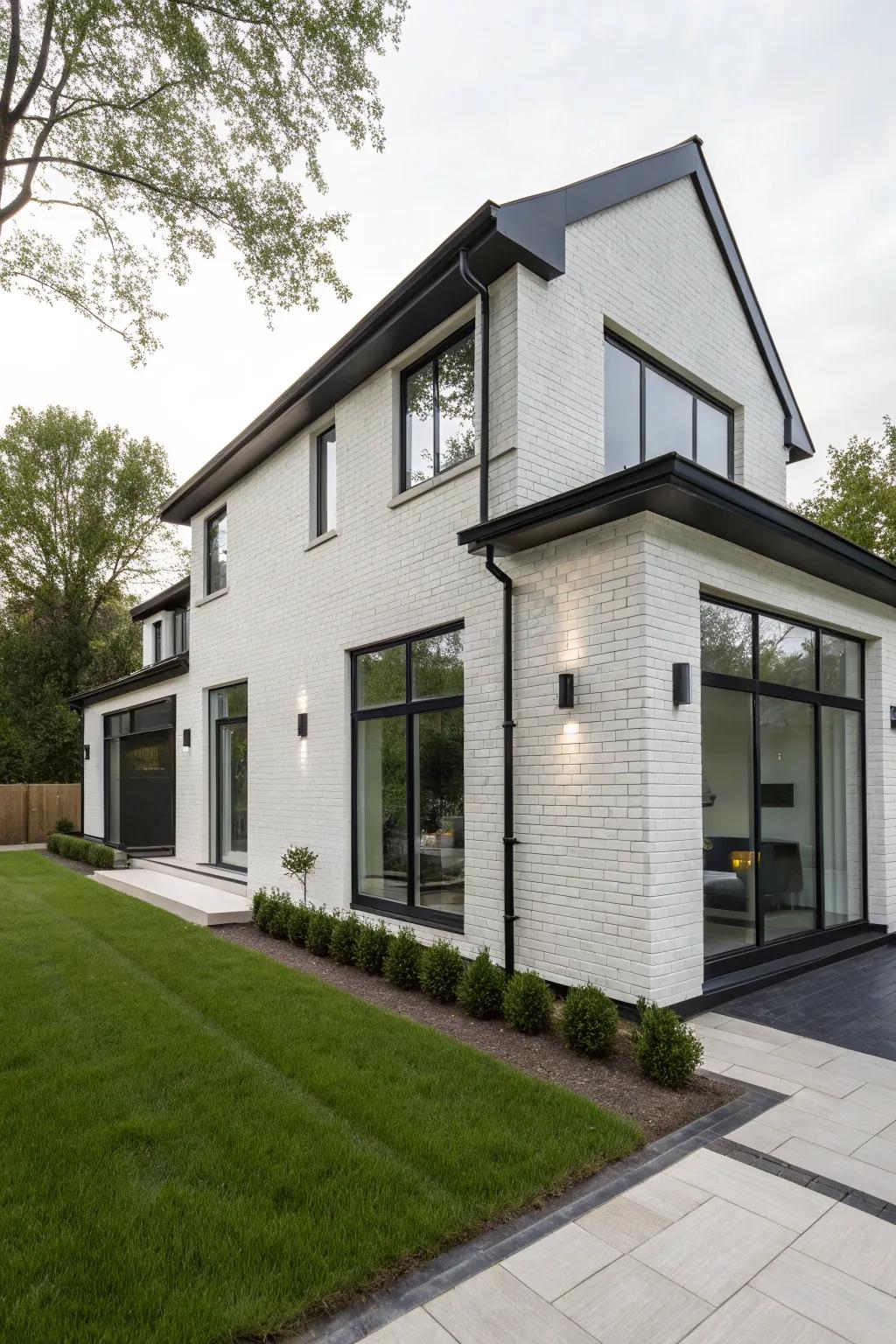 Striking contrast with ivory brick and ebony trim.