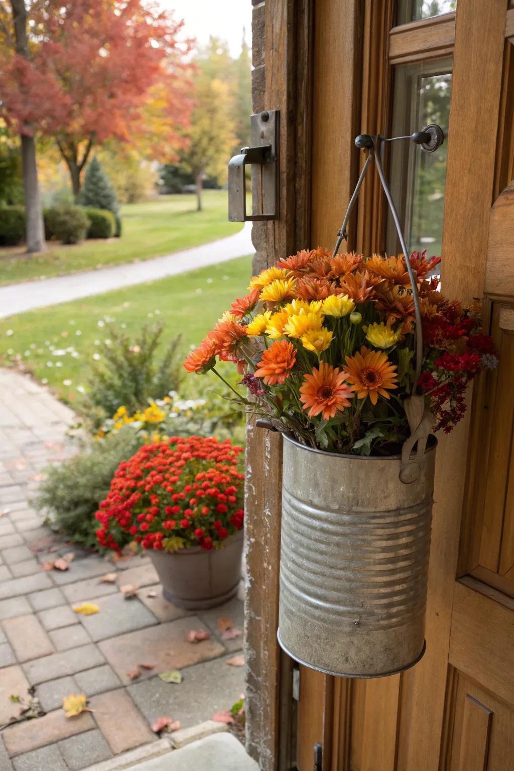 A recycled metal container serves as a creative, eco-friendly door holder.
