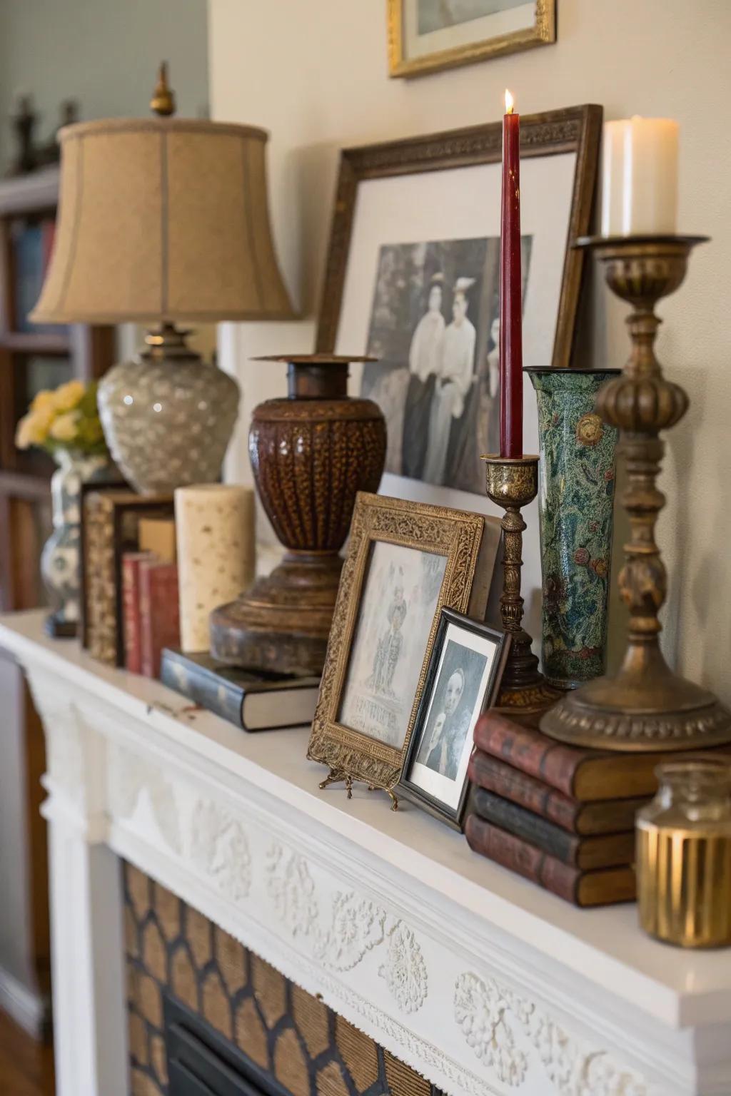 A fall mantel showcasing an eclectic mix of decor.