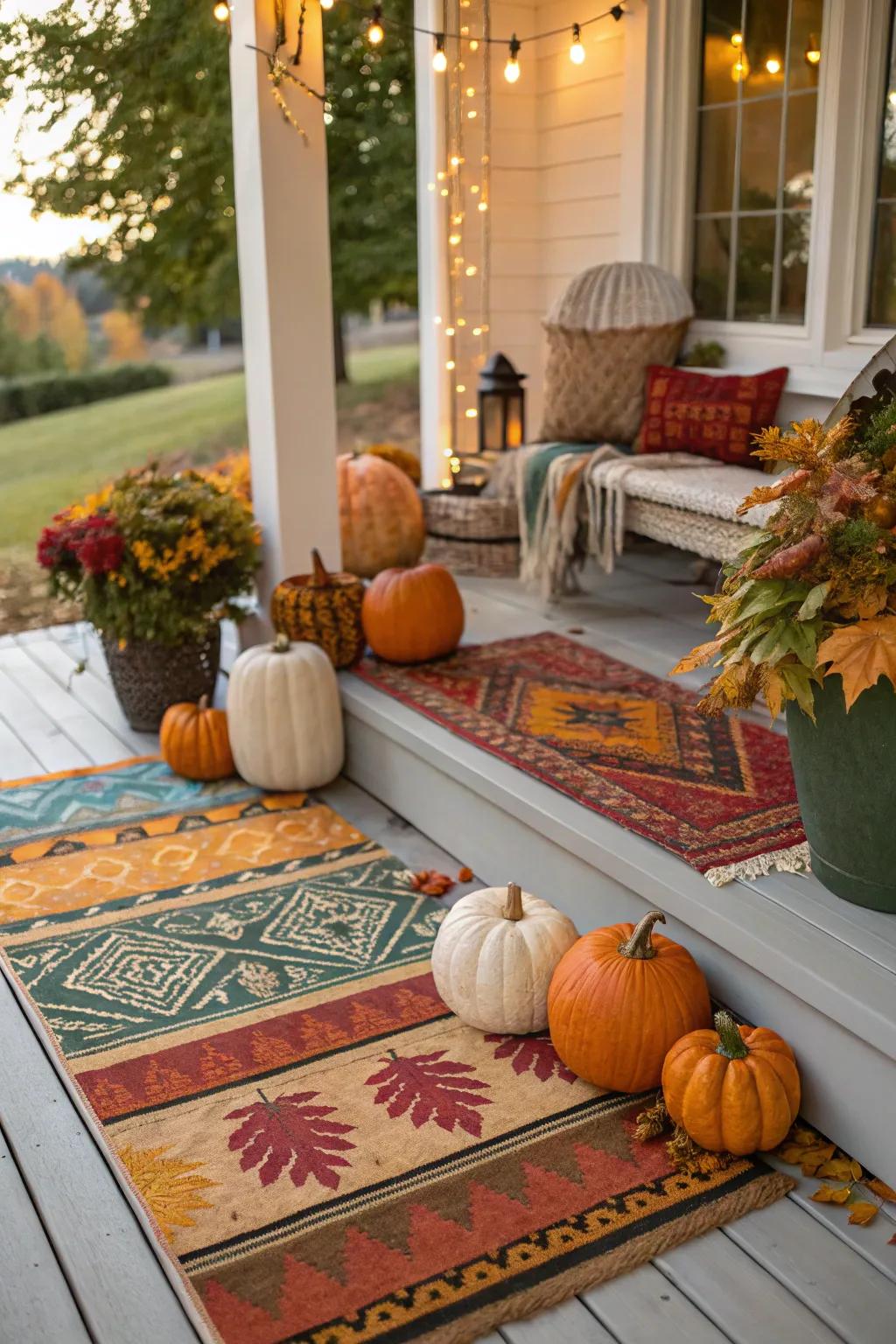Layered rugs add depth and coziness to the autumn porch decor.