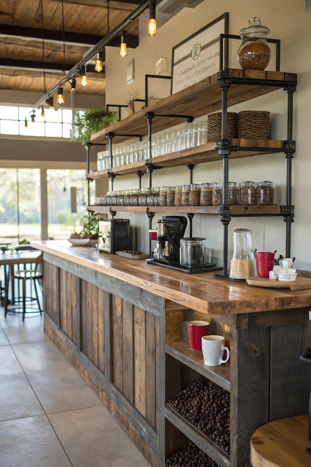 Industrial charm with DIY pipe shelving.