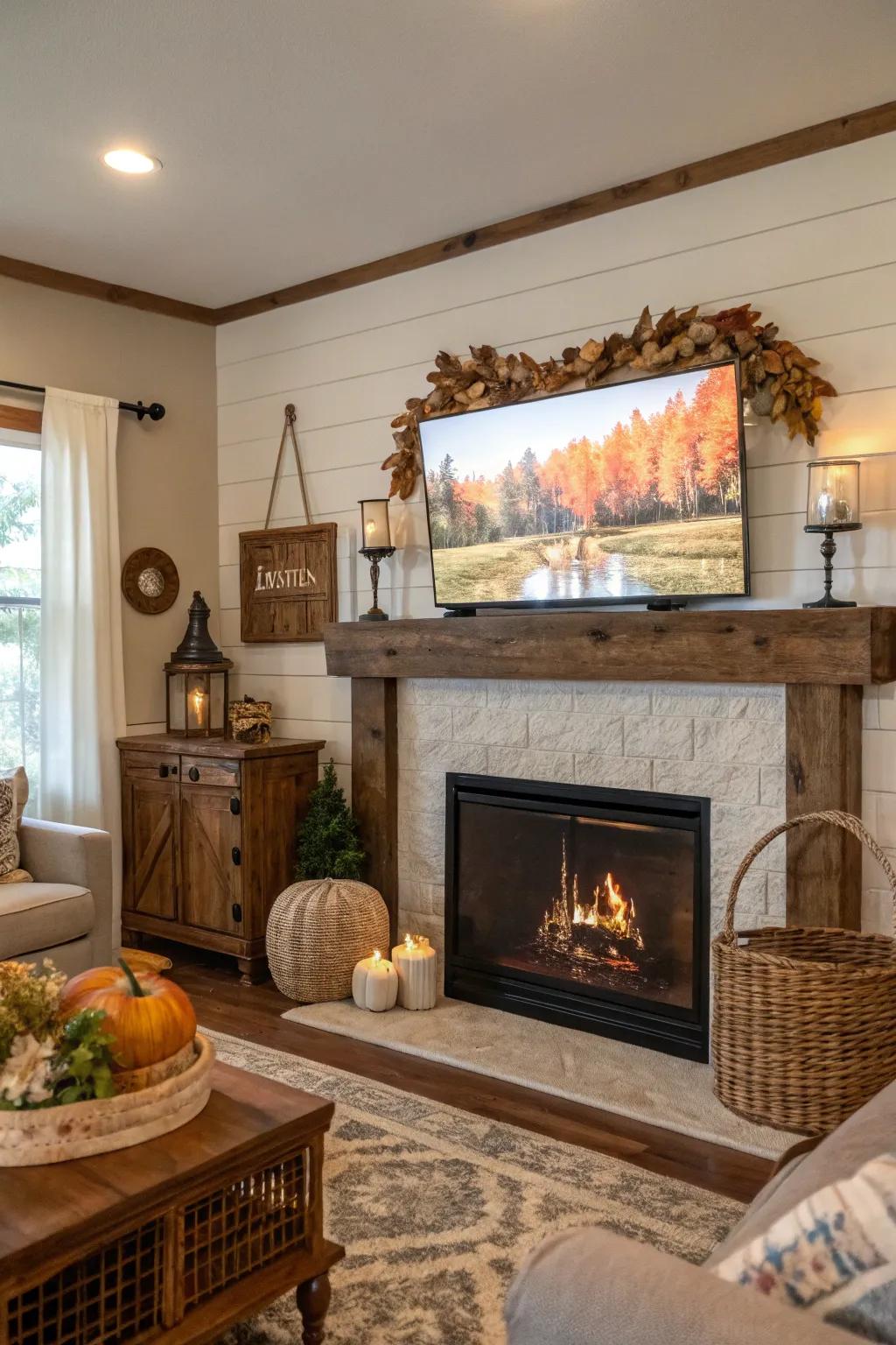 A farmhouse sitting room featuring a TV atop the mantel, displaying timely graphics for a current impression.