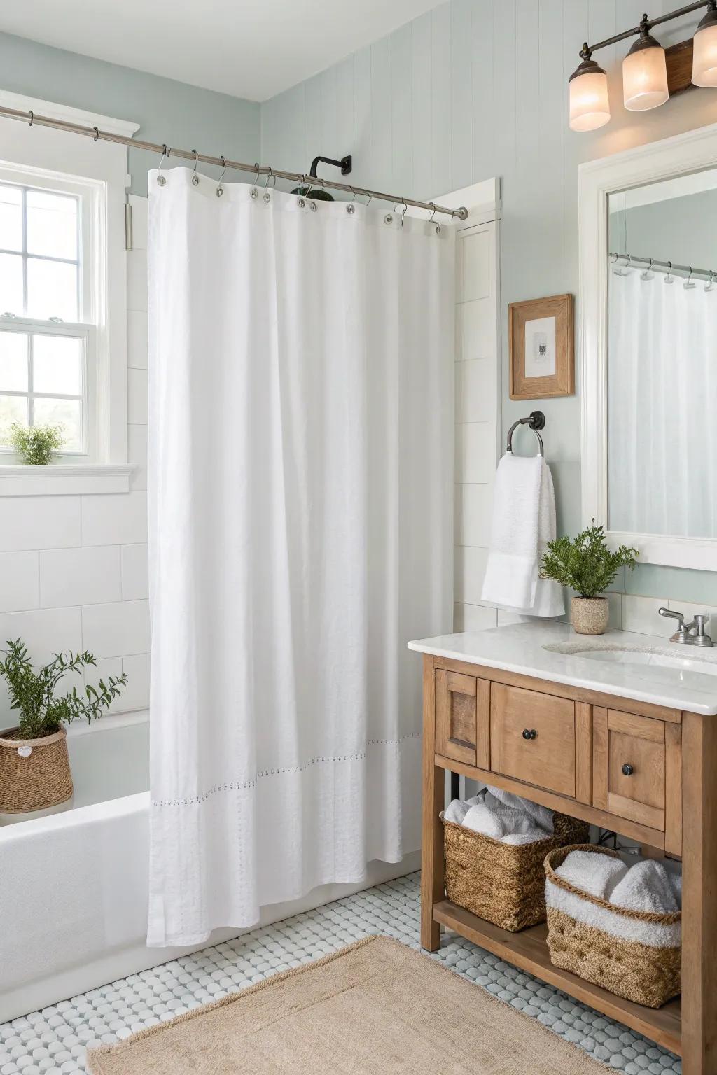 A bright bathroom with a gentle ivory shower drape and minimalist decor.