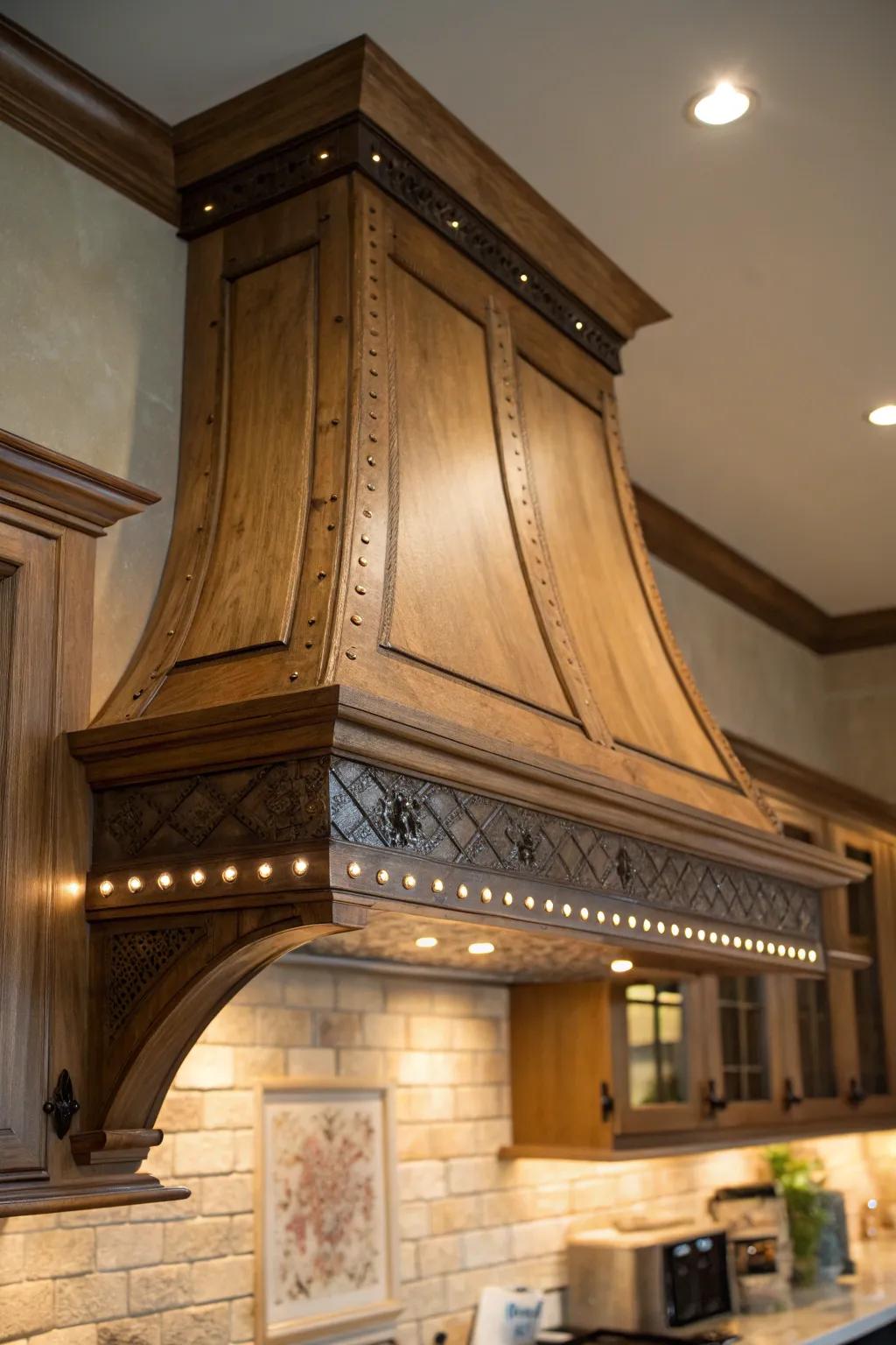 Accent lighting highlights the features of a wooden range hood.