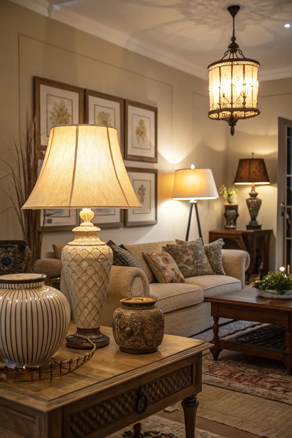 Layered lighting enhances room ambiance and mood.