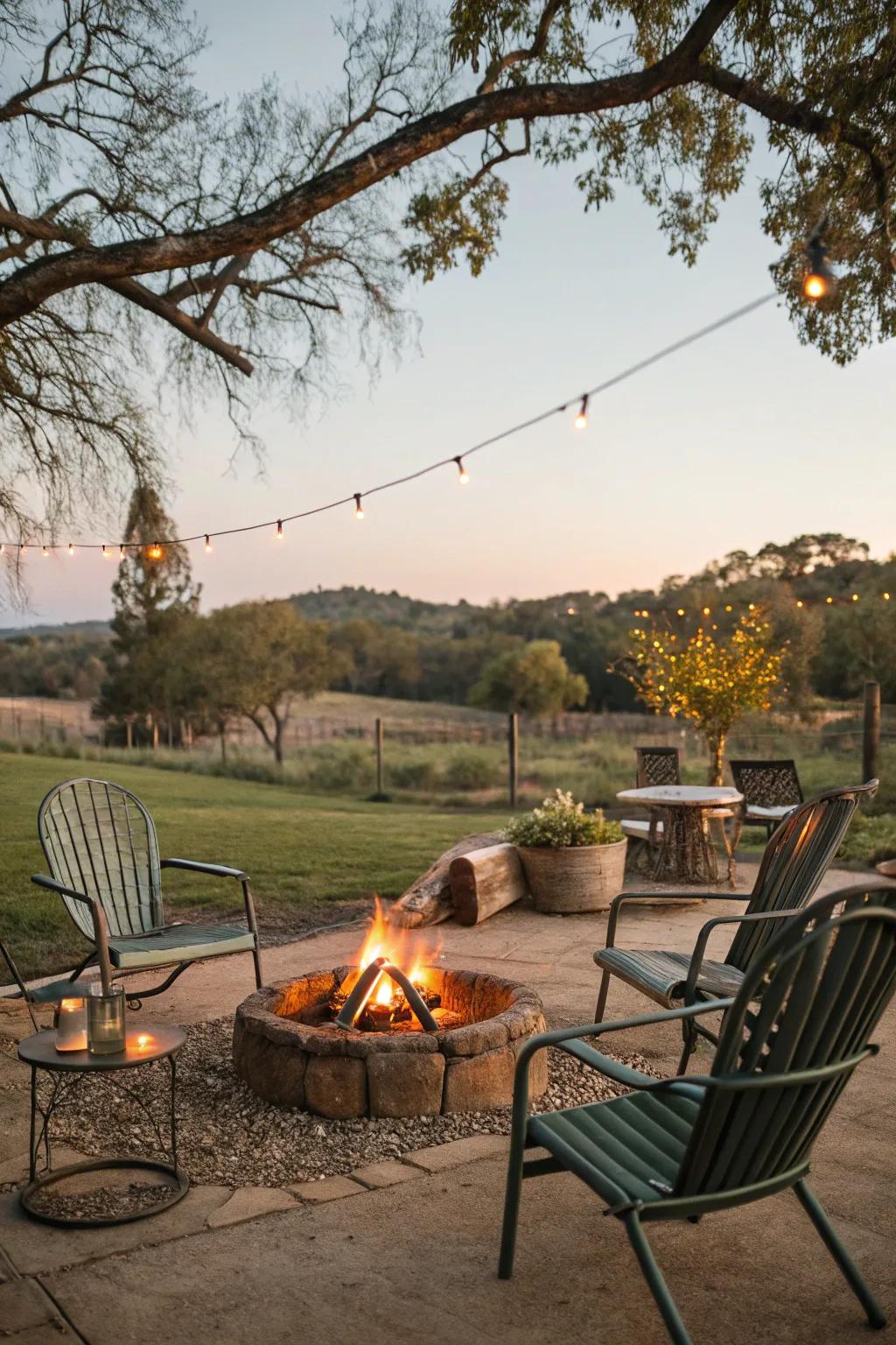 Vintage steel seats add a nostalgic ambiance to the fire pit area.