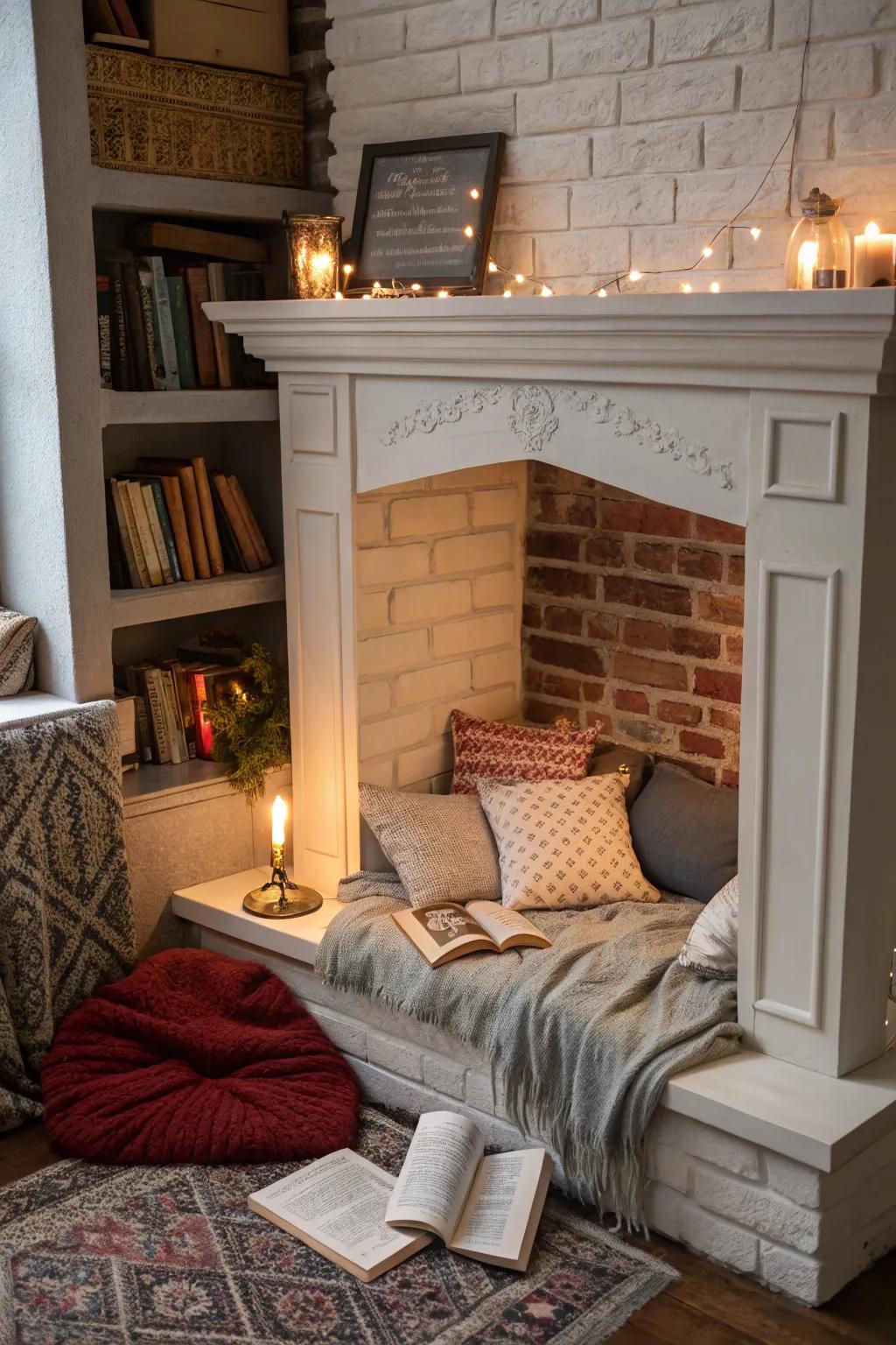 A book location by the fireplace.