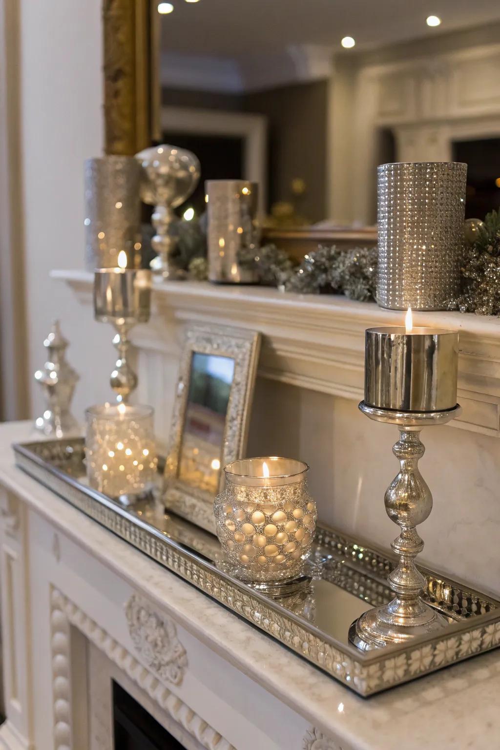 Reflecting surfaces contributing shimmer and luxury to the mantel.