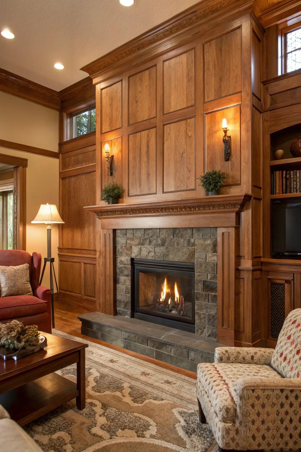 Blended timber tones bring warmth and depth to the fireplace.