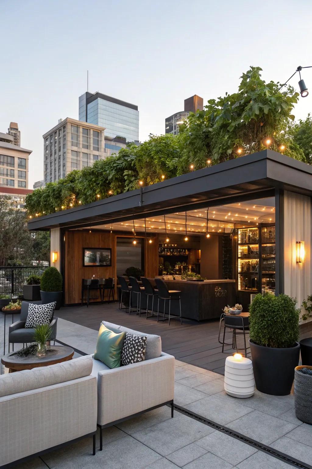 A rooftop wet bar upon a flat roof garage uplifts any social assembly.