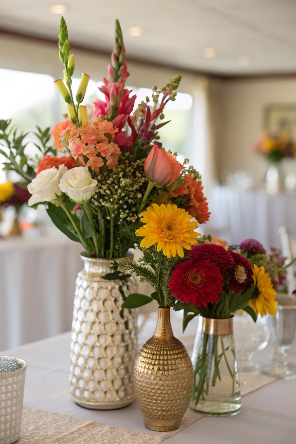 A floral centerpiece with varied vases on a table.