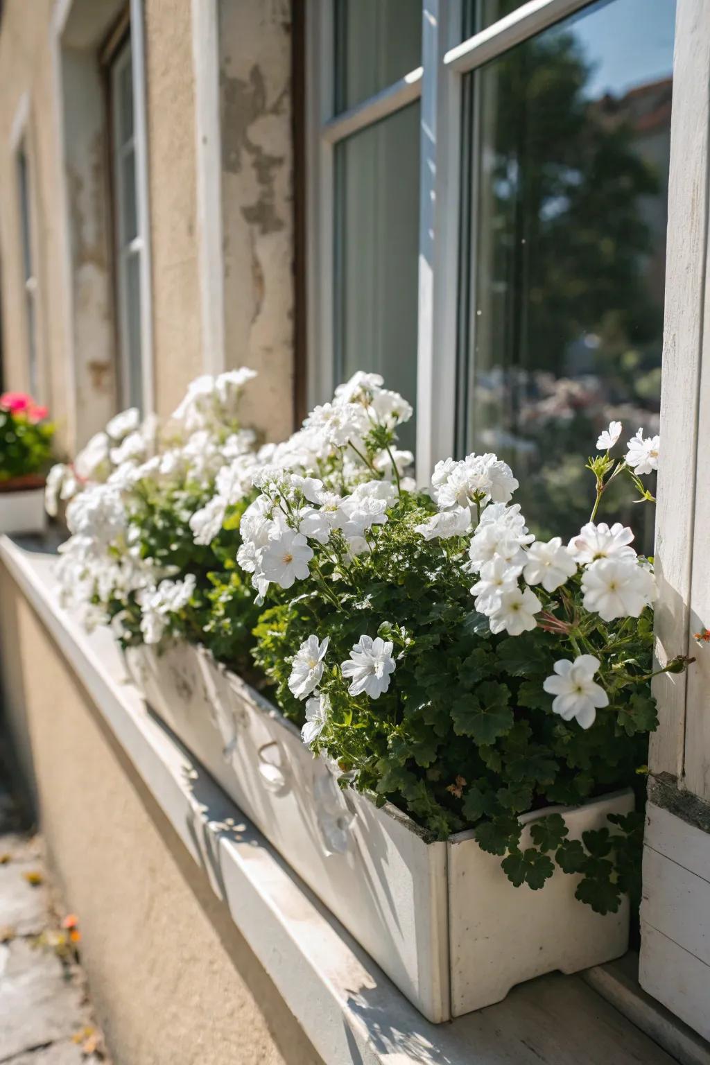 Ivory flowers inside a window vessel infusing curb appeal.