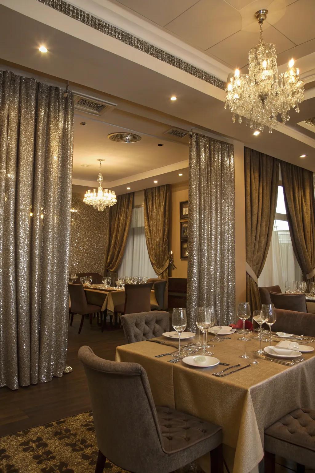 Metallic-hued curtains add a touch of glamour to this dining room.