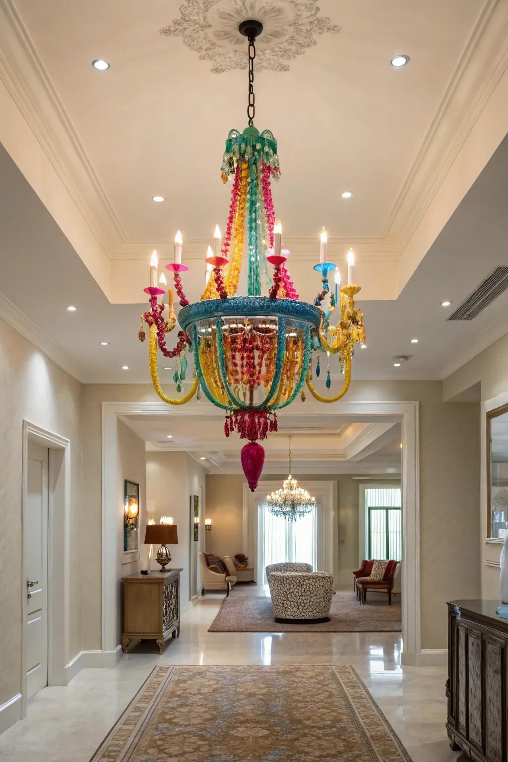 A colorful chandelier incorporates a playful dash to this neutral foyer.