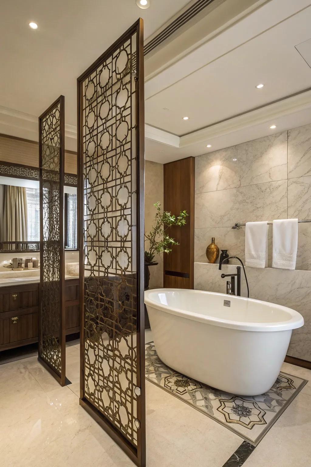 A stylish partition providing privacy while maintaining elegance in a bathroom.