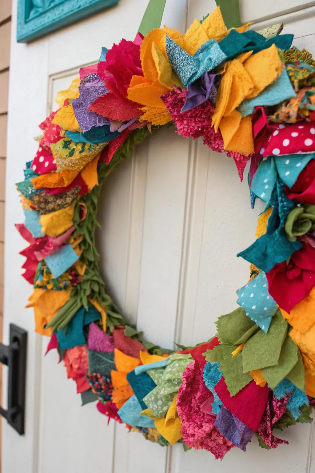 A recycled fabric wreath, weaving together eco-friendly design and a burst of vibrant color.