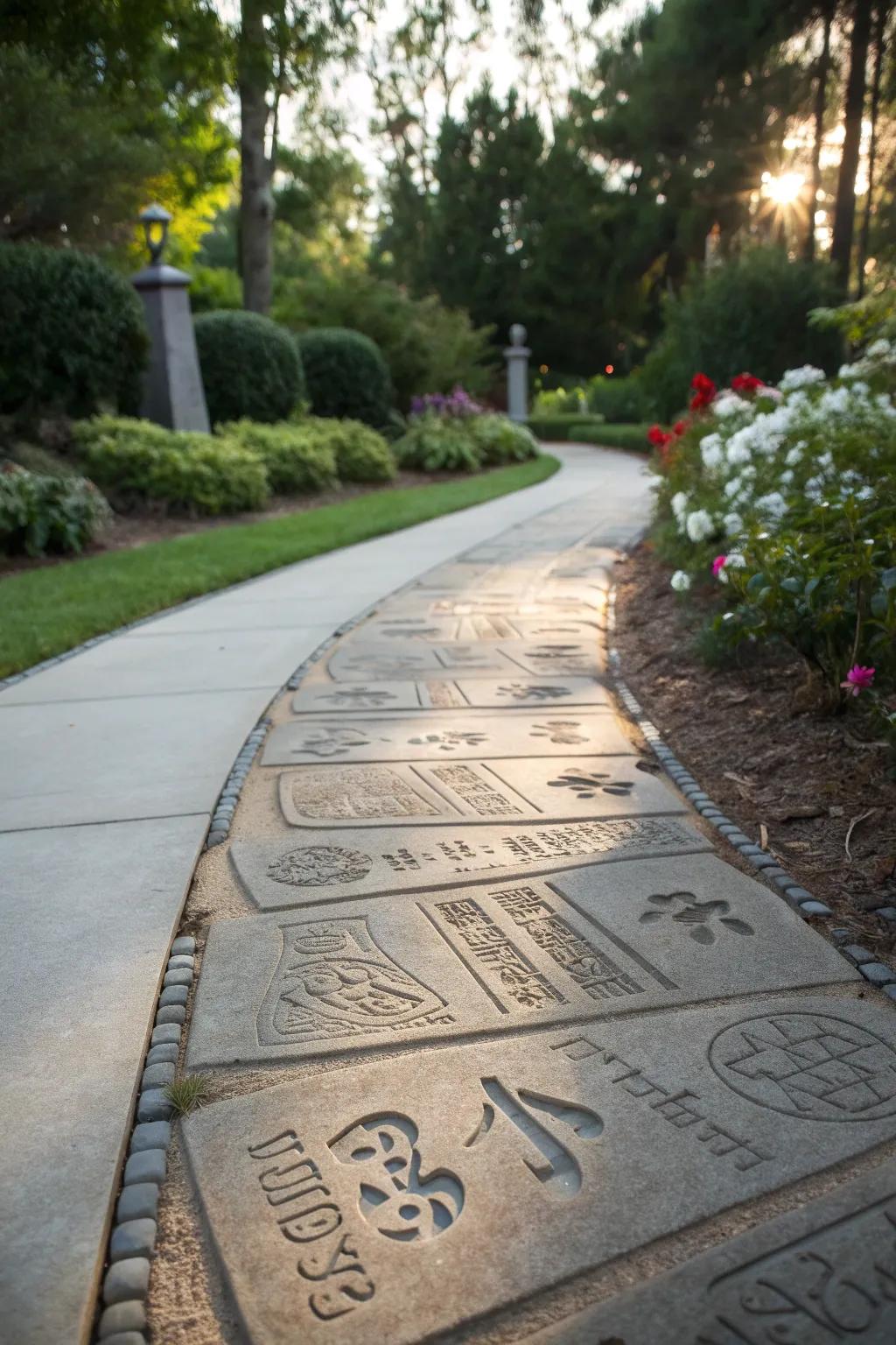 A personalized walkway featuring bespoke engravings in rock.