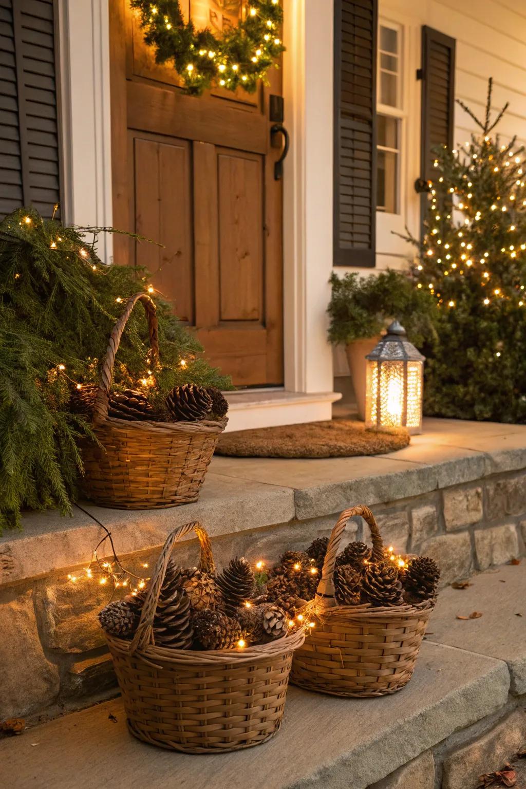 Receptacles populated alongside pine cones and lighting contribute an elegant accentuation.