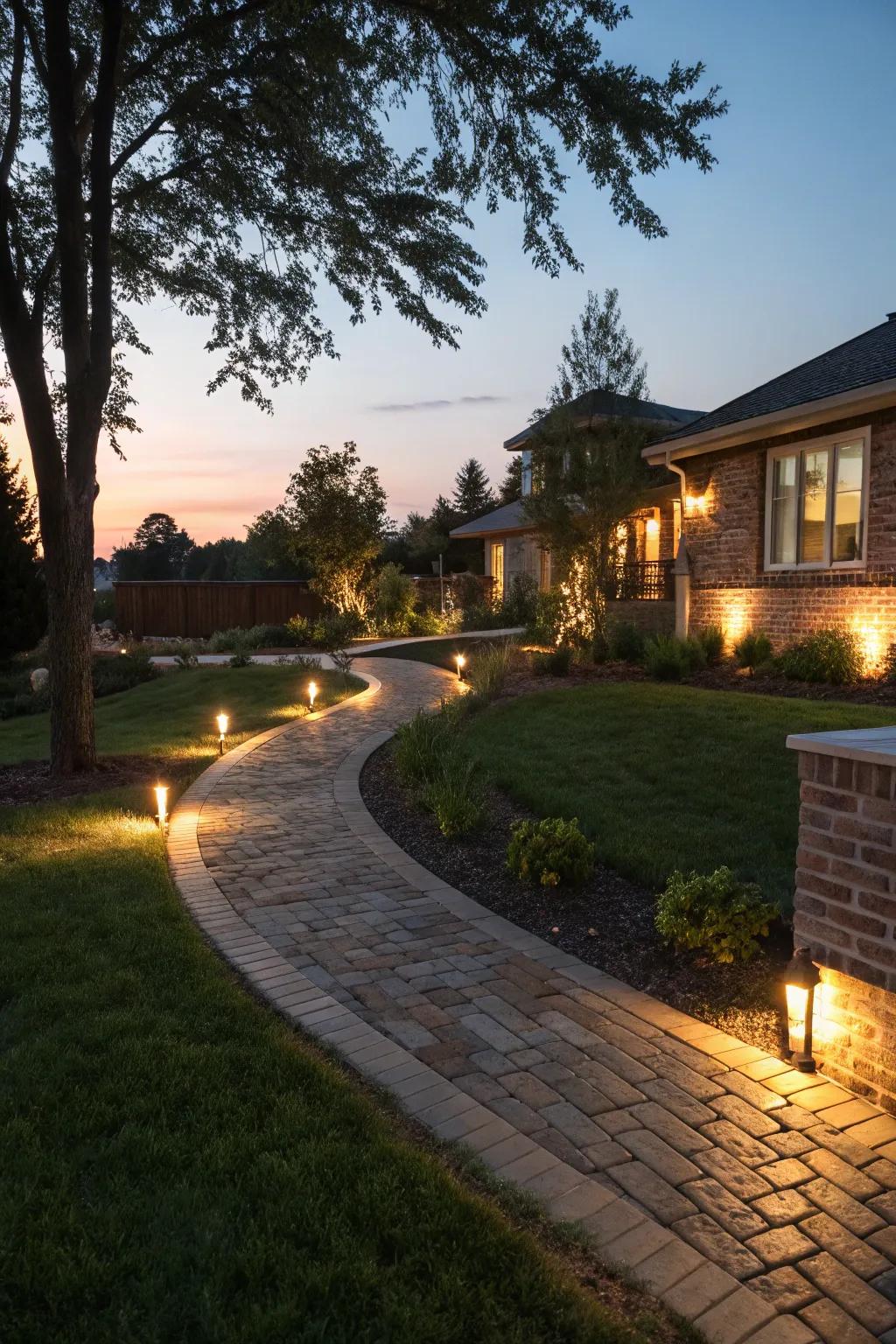 Brick lighting features create charming night settings.