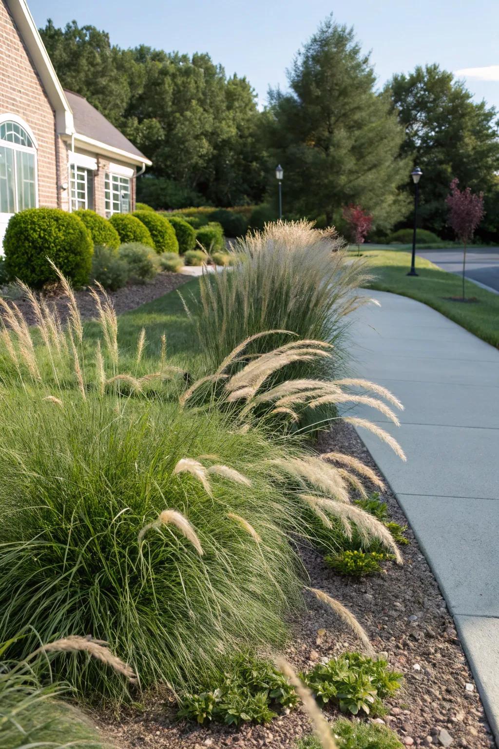 Ornamental grasses contributing texture and motion to a garden nook.