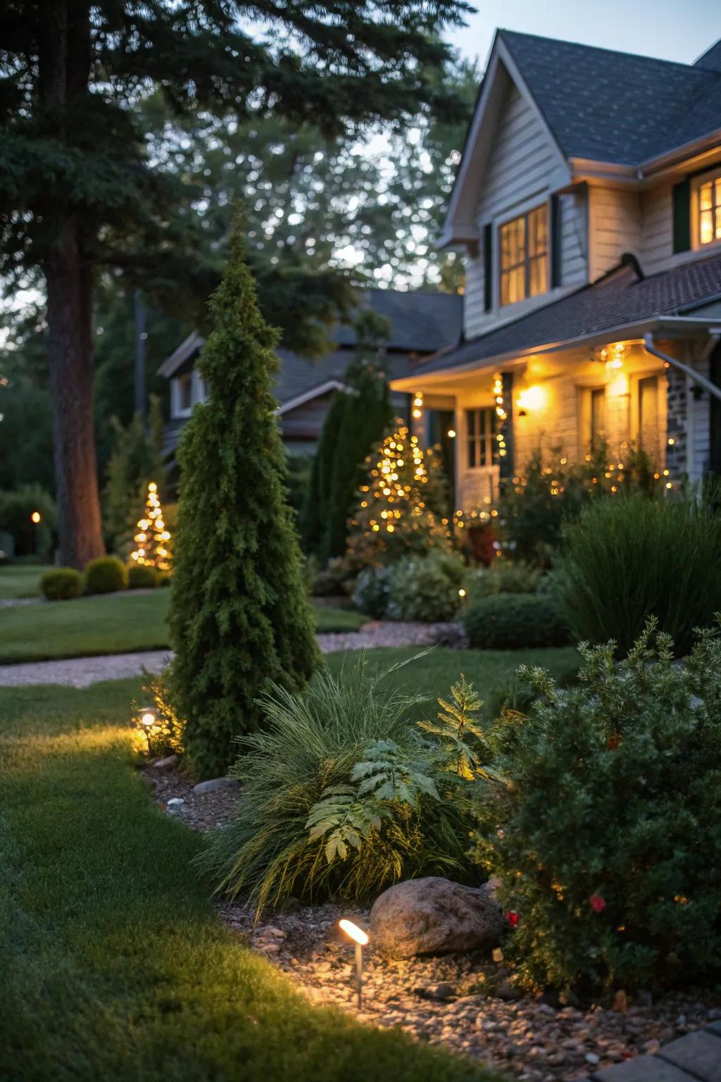 Evergreen elements are highlighted, and drama is added by evening lighting.