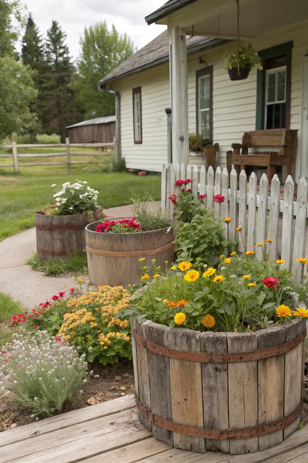 Wooden elements add warmth and charm to garden layouts.