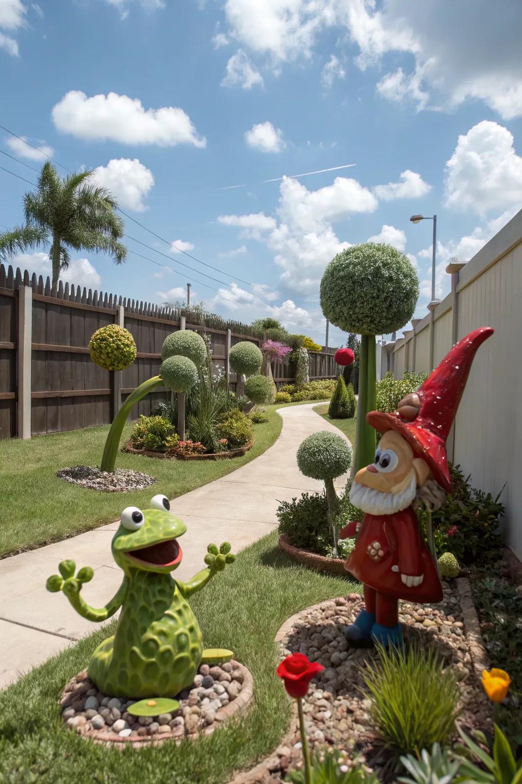 Whimsical elements add personality and charm to your front garden.