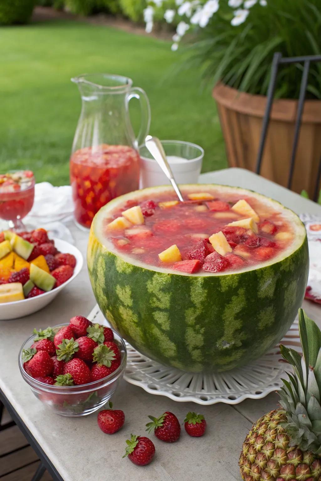 A melon punch bowl serves as a dual-purpose centerpiece.