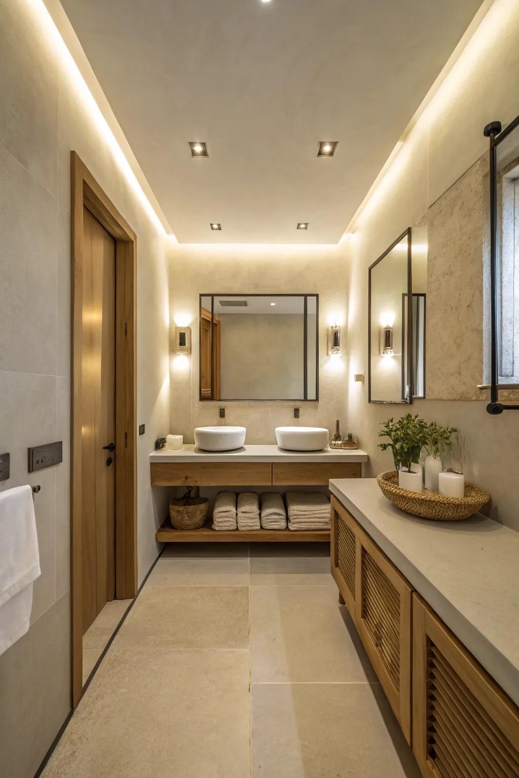 A minimalist bathroom featuring unadorned lines and a serene ambiance.