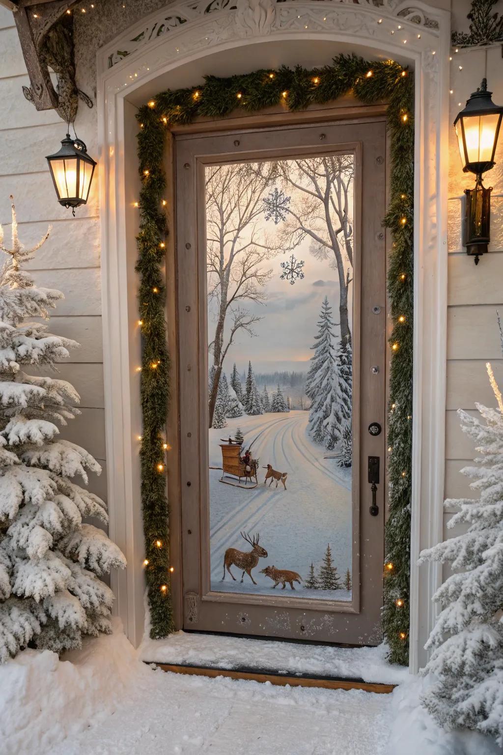 A wintry wonderland portal adornment captures the serene splendor of the season.