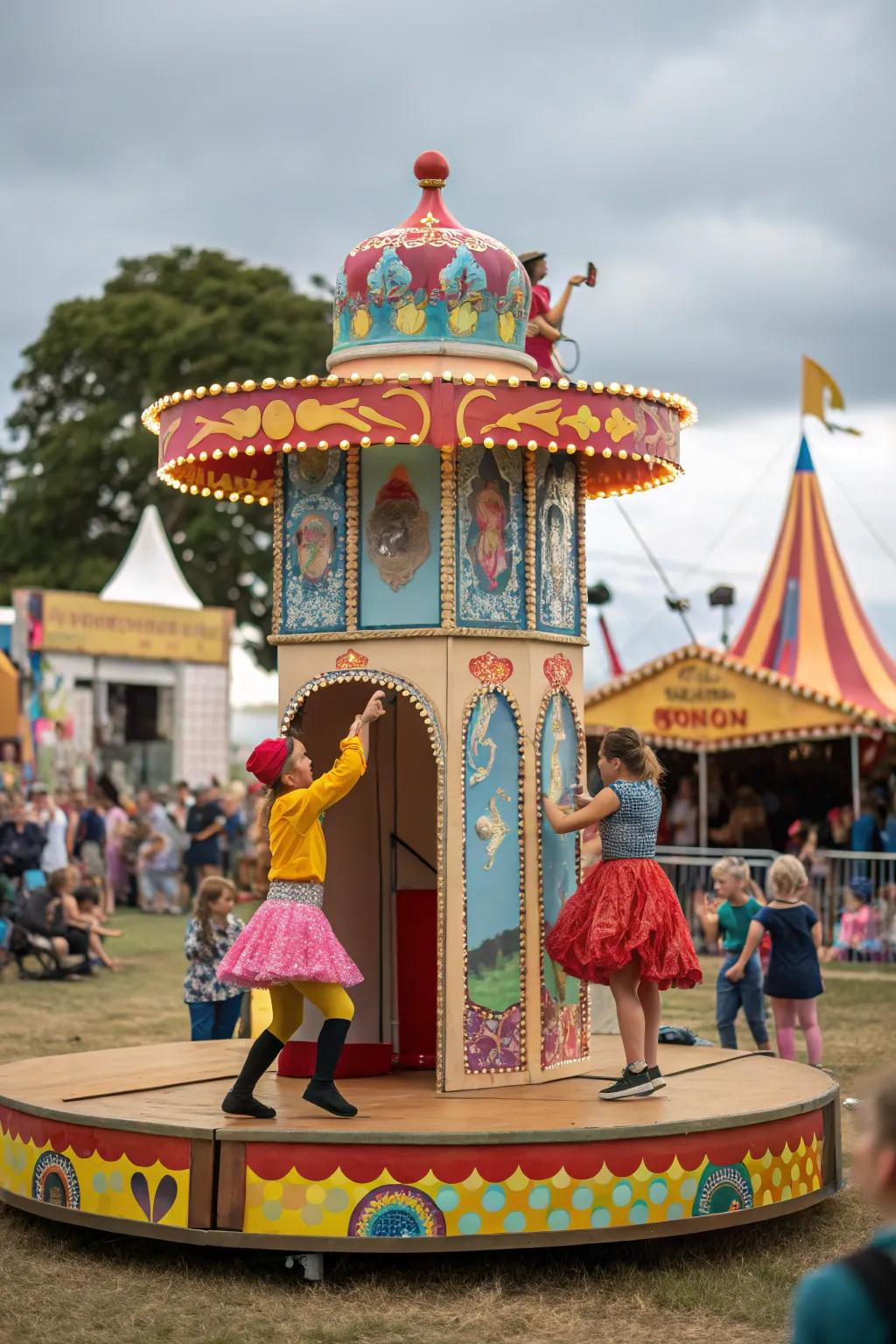 Markers featuring diminutive platforms humorously replicate the festival vibe on a small scale.