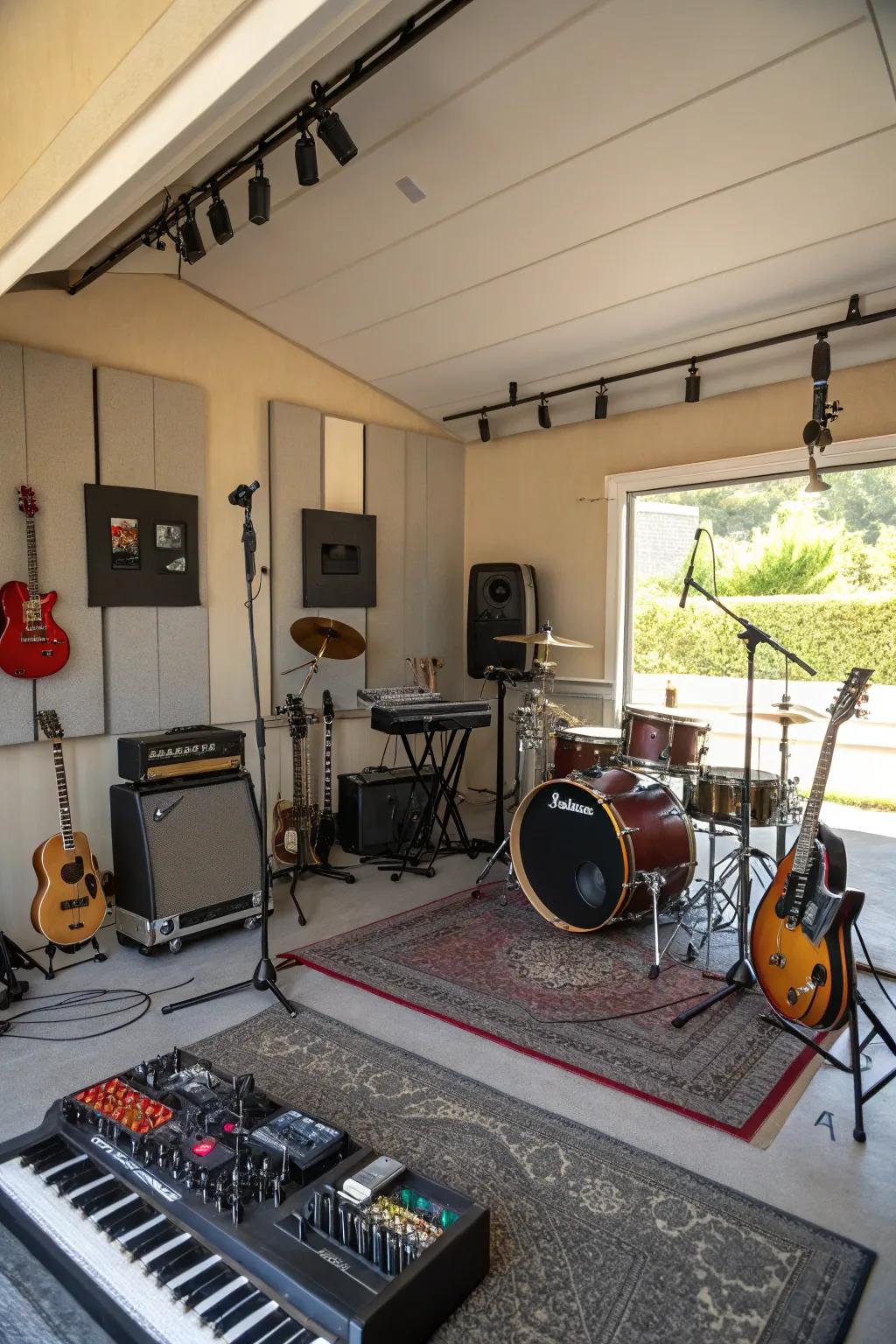 A professional music studio tucked away in a garage.