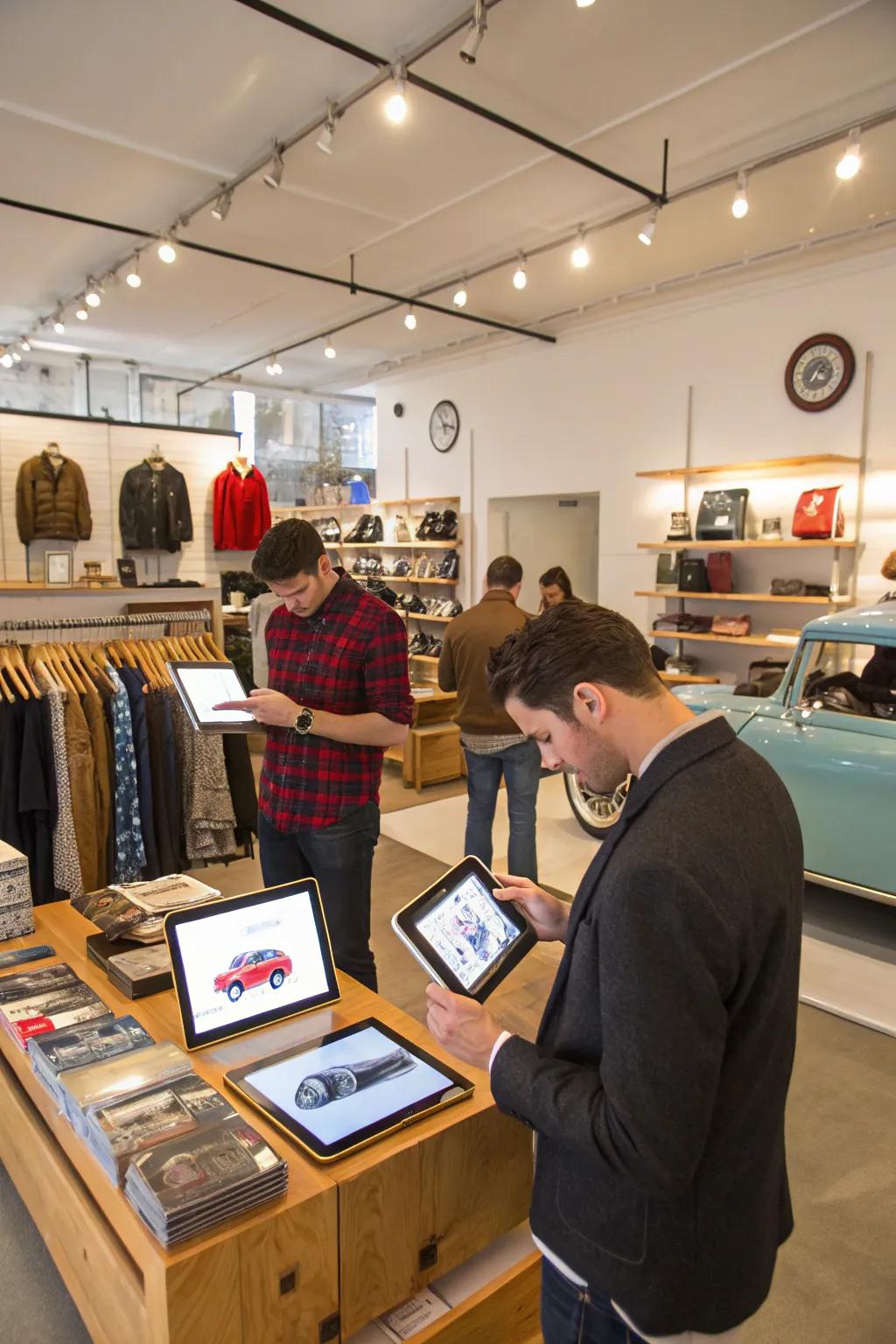 Adding technology, such as tablets and digital catalogs, inside a garage boutique.