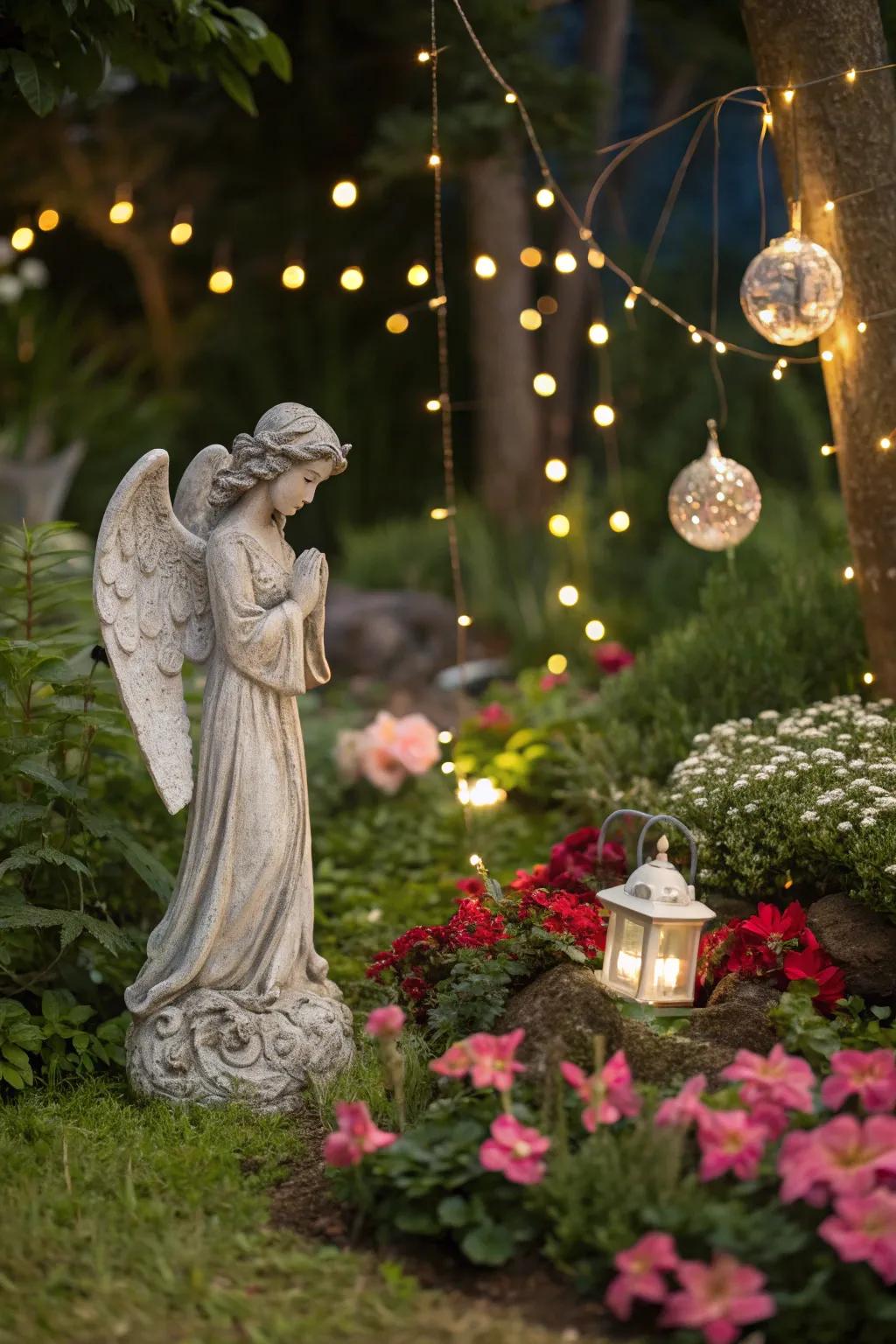Miniature figure adding charm to a magical outdoor space.