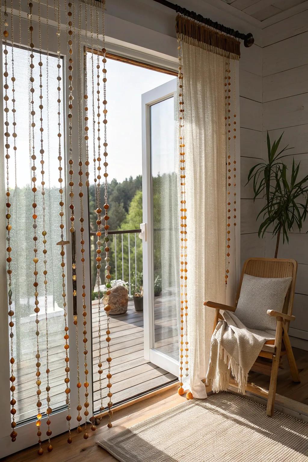 Add a playful retro vibe with vibrant string curtains that bring back nostalgic charm.