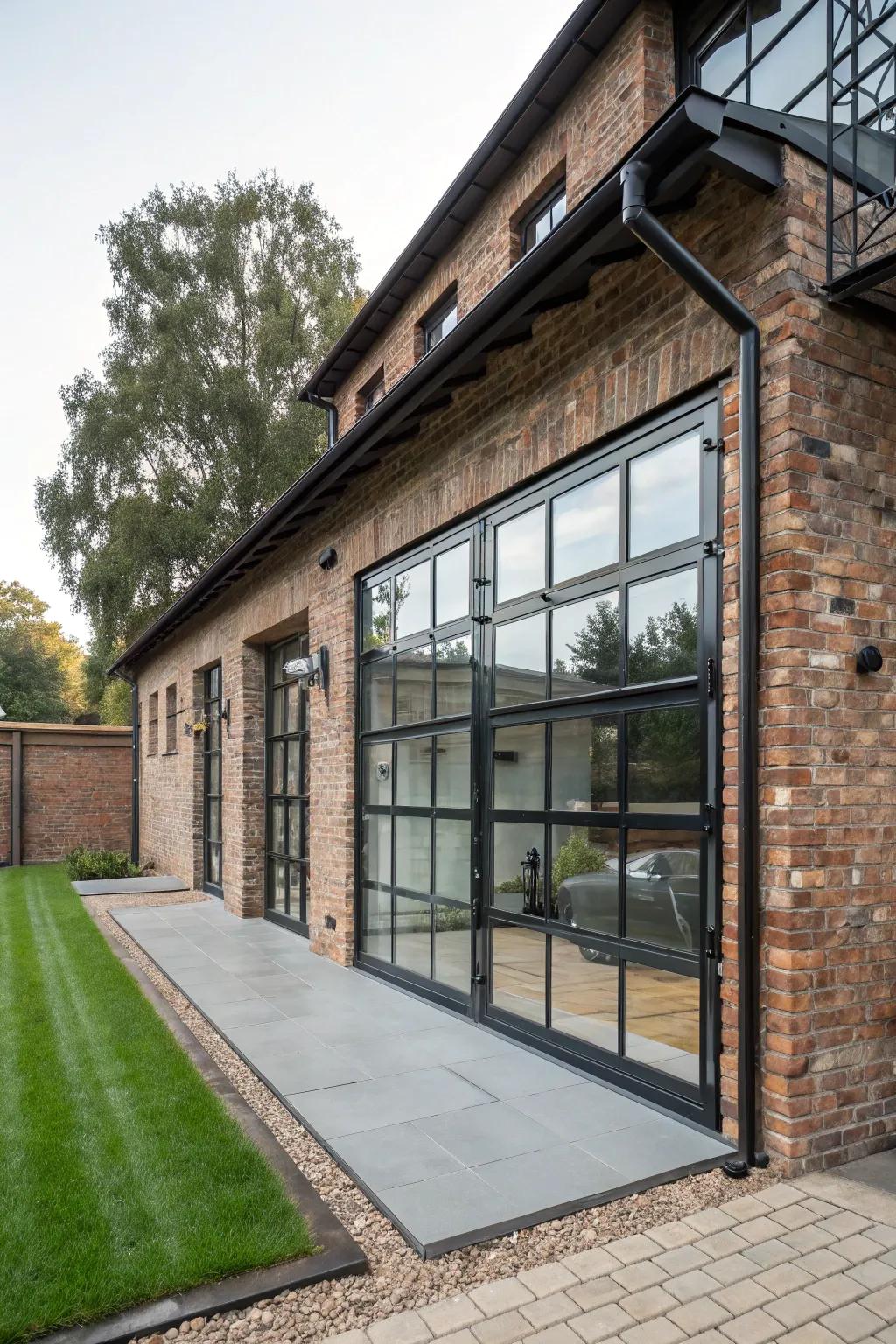 An industrial-style home elevated by a sophisticated glass panel entryway.