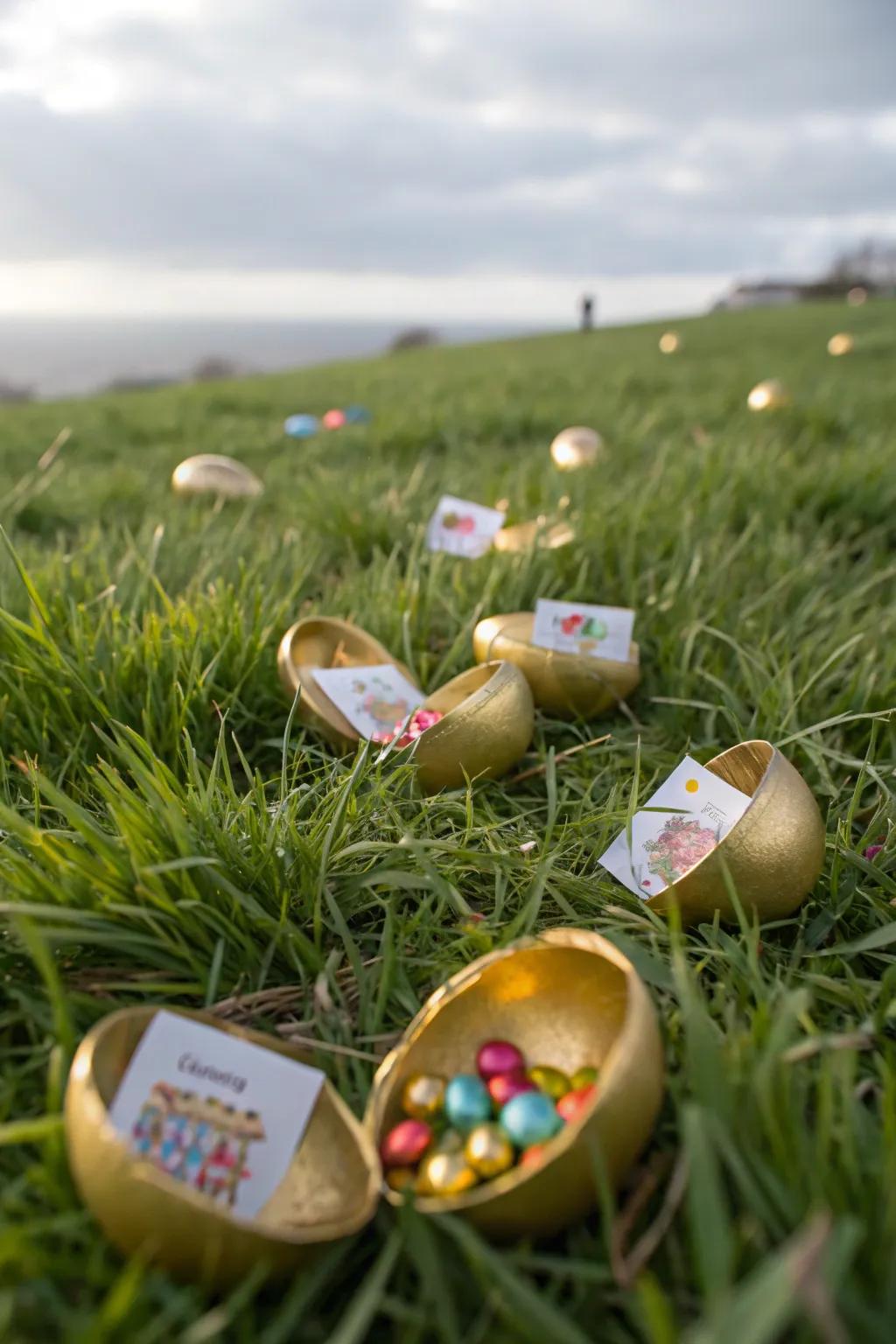 Gilded eggs filled with surprises introduce excitement to Easter hunts.