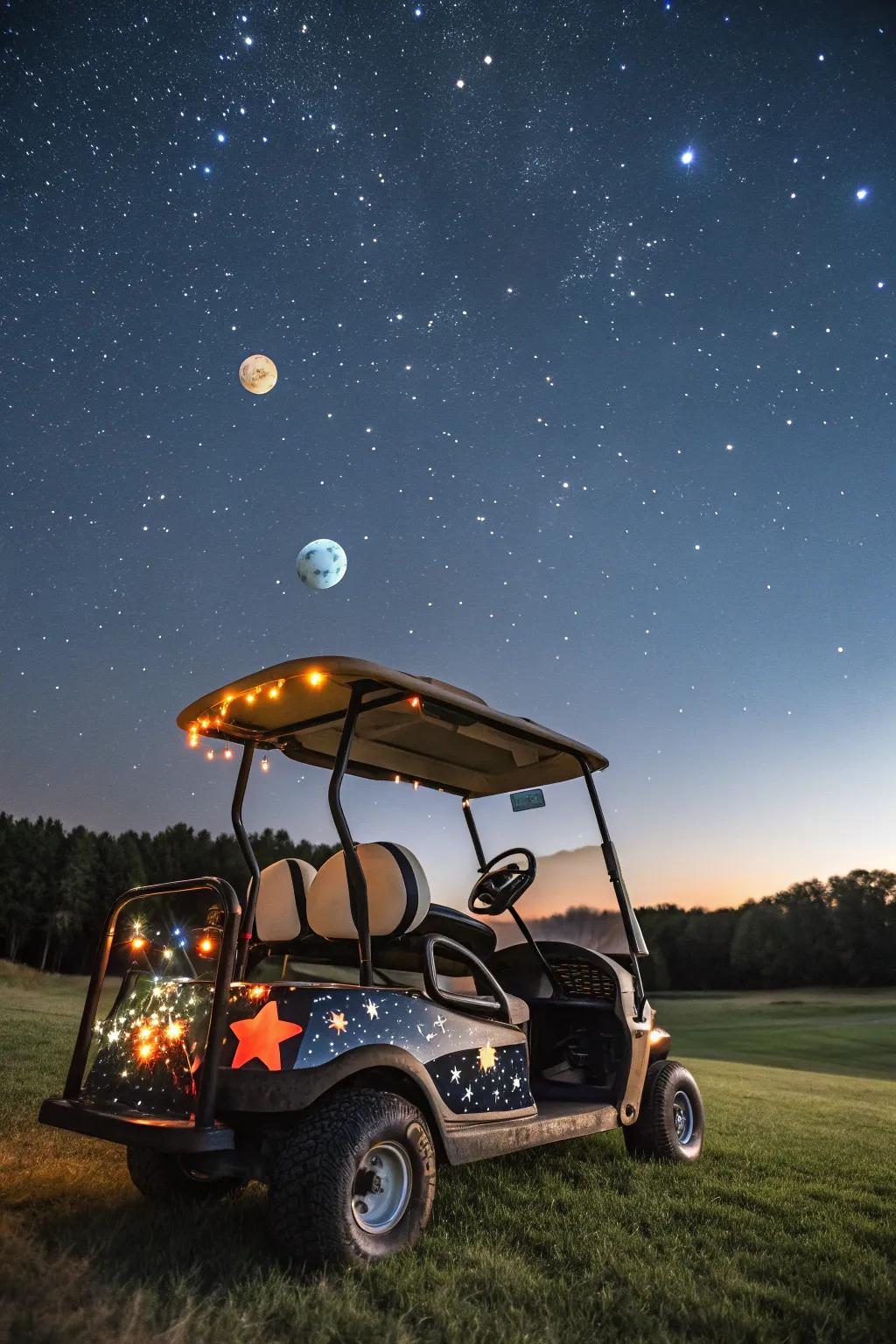 Guide your golf cart onto a cosmic exploration through space-themed embellishments.